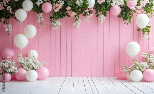 Digital backdrop for children photography with pink wooden wall. Spring theme photography backdrop with pastel balloons and flora