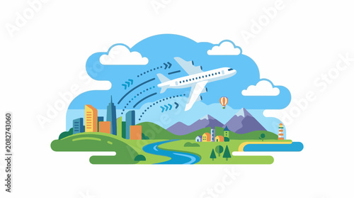 Colorful illustration of a plane flying over a scenic landscape