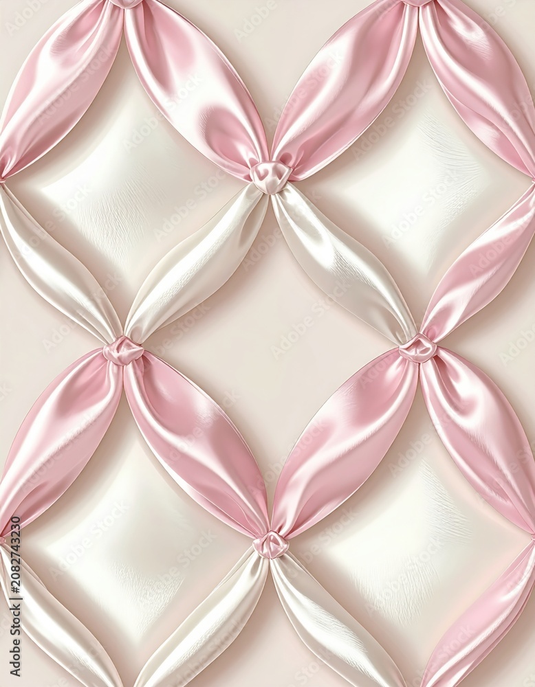 Fototapeta premium A close-up of a tufted satin fabric pattern in soft pink and cream, creating a luxurious, quilted diamond design with knotted intersections.
