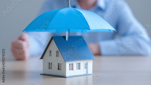 Home insurance concept with model house and umbrella.