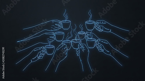 Neon line art illustration depicting multiple hands raising steaming cups in a celebratory toast against dark background