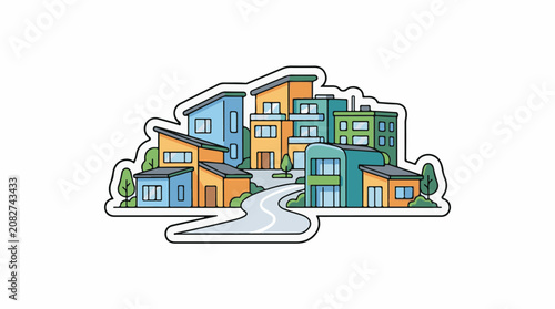 Colorful illustration of a residential neighborhood with a winding road