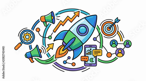 Colorful illustration of a rocket launch strategy communication and growth