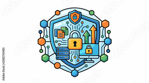 Colorful illustration of a shield with a computer padlocks and circuit board elements
