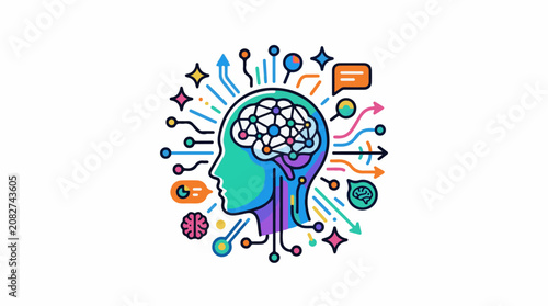 Colorful illustration of a stylized head with a brain and data flow
