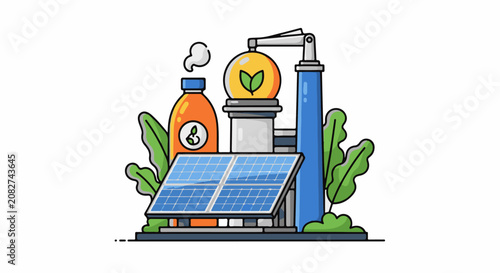 Colorful illustration of a sustainable factory with solar panel recycling bottle and leafy elements