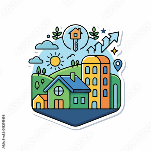 Colorful illustration of a thriving cityscape with key and upward trend