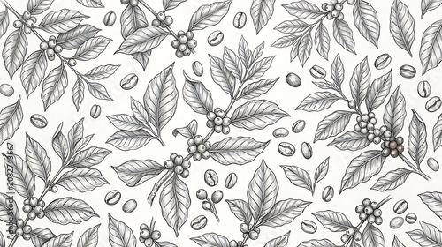 Intricate monochrome botanical pattern featuring holly leaves berries and scattered coffee beans for elegant design inspiration