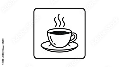 Minimalist Line Drawing of a Hot Coffee Cup with Steam Rising Inside a Rounded Square Frame