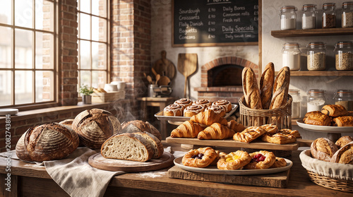 Premium artisan bakery display featuring freshly baked bread, buttery croissants and handcrafted pastries with exceptional textures, warm natural light and luxury commercial food styling.