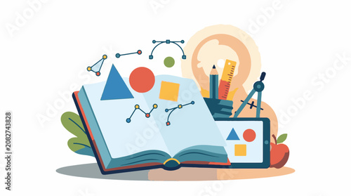 Colorful illustration of an open book with geometric shapes graphs on the pages