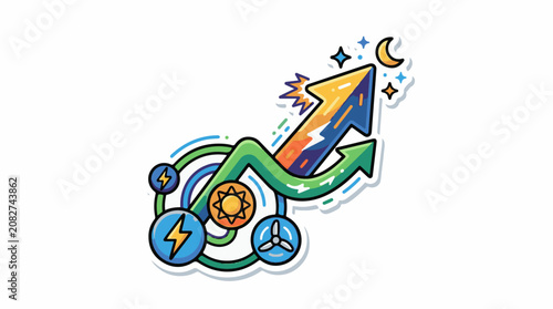 Colorful illustration of an upward arrow with green swirls and icons