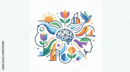 Colorful illustration of brain connections to nature city and people