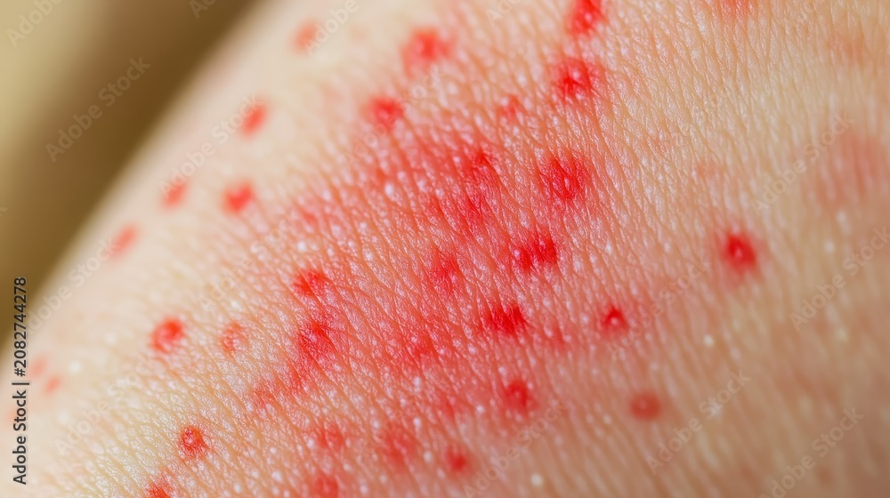 Fototapeta premium Close-up of circular red spots indicative of Erythema Multiforme on human skin during medical examination