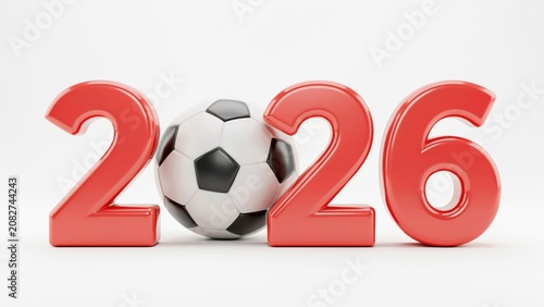 3D lettering with red numbers 2026 and a soccer ball that replaces zero. This symbolism directly refers to the football matches of 2026.