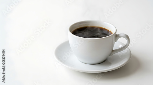 Simple white ceramic cup filled with hot black coffee on a matching saucer against a plain white background with soft shadows