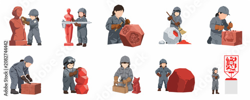 Obraz na plátně Set of flat vector illustrations featuring miniature sculptors and stonemasons i