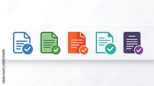 Digital document icons in various colors representing different file types and statuses with checkmarks and cross symbols for