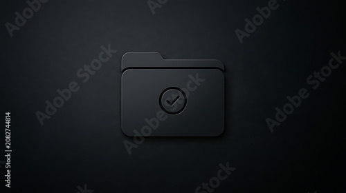 Minimalist black folder icon with checkmark on dark textured background emphasizing simplicity and digital organization
