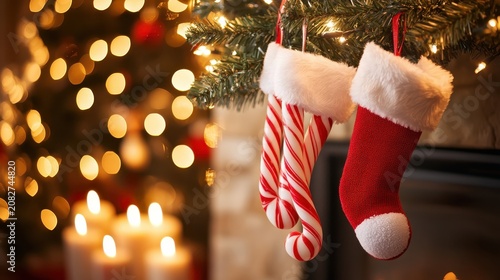 Festive Christmas stockings filled with candy canes hanging by a warm fireplace with cozy holiday lights