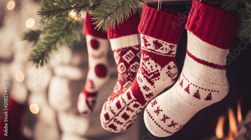 Festive Christmas stockings with traditional patterns hanging by the fireplace, ready for holiday gifts and winter cheer.