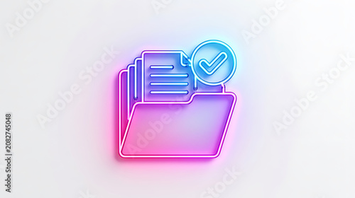Neon-lit digital folder icon with checkmark representing secure data organization and document management concept