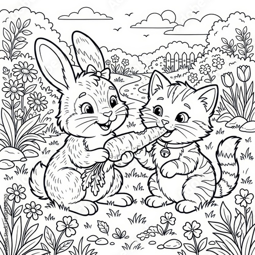 Cute bunny and kitten sharing a carrot coloring page