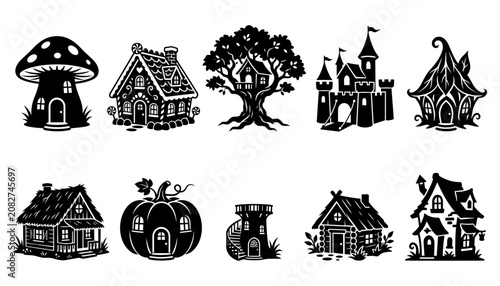 Tableau sur toile Cottage and Tree Icons Set with Hand Drawn Style Black Ink Houses, Cabins, and M