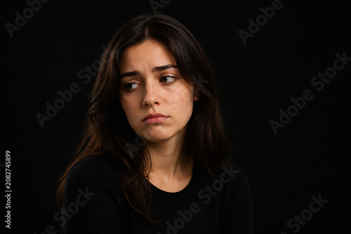 A young woman with long dark hair looks thoughtfully to the side against a plain black background.