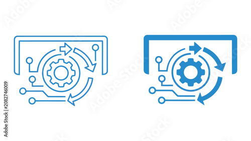 System optimization gear icon with rotating arrows and circuit board paths representing maintenance process and workflow improvement in flat vector graphic style