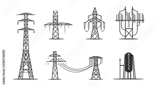 Black and white illustration set showcasing various stylized infrastructure components