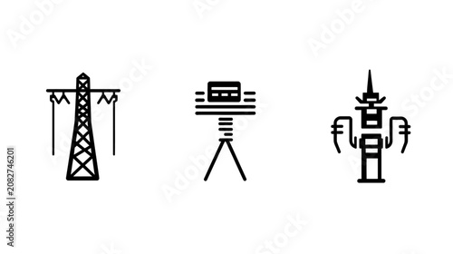Three stylized electrical utility icons a tower, a device on a tripod, and a complex tower-like structure