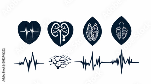 A stylized illustration with symbols of internal organs and waveforms against a white background