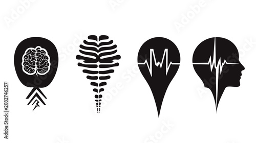 Black and white medical and scientific illustrations including brain, spine, pulse, and head