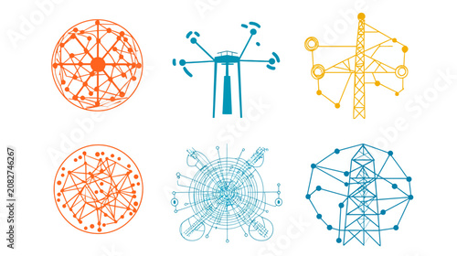 Six colorful, abstract diagrams depicting interconnected structures and networks on white background