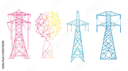 Four stylized renderings of power pylons in vibrant hues against a white background