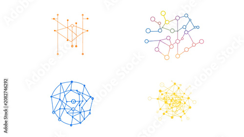 Four abstract illustrations of interconnected networks with circles and lines, varying colors on white