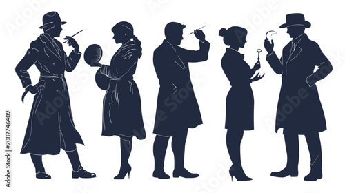 Silhouettes of five figures depicting a detective and possible suspects on a white background