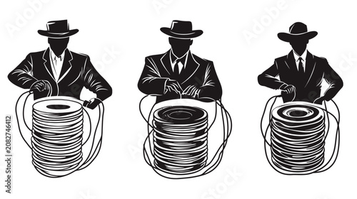 Three silhouetted figures wearing hats and suits interacting with large spools of cord