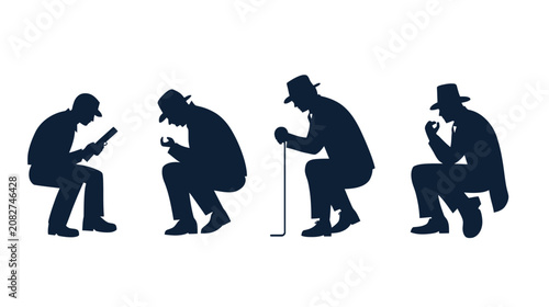 Silhouettes of four men in hats, each in a different pose, varying from seated to squatting
