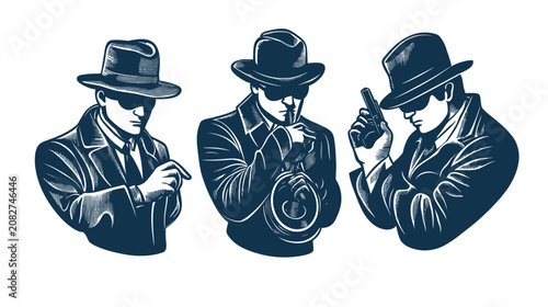 A stylized illustration features three shadowy figures in hats, coats, and sunglasses, each in different poses