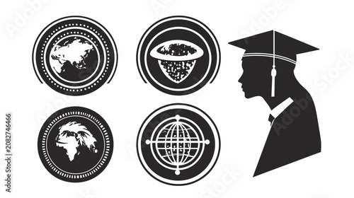 Black and white illustration with symbols, graduation cap silhouette, and round decorative elements
