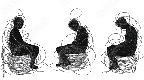 A set of three figures, represented as black silhouettes, sitting on a coil of lines. Their heads are wreathed in lines