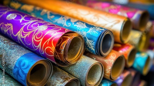 Festive Christmas wrapping paper rolls in vibrant metallic designs and colors, ready for holiday gifting