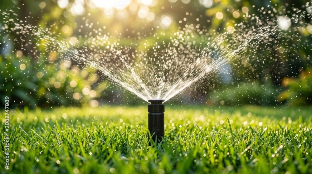 Fototapeta premium Automatic sprinkler system spraying water droplets onto a fresh green lawn.