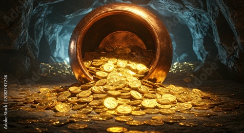 Golden Coins Spilling From Copper Pot in Dark Cave with Blue Light Illumination