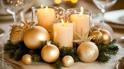 Festive Christmas Centerpiece with Gold Ornaments and Warm Candle Glow