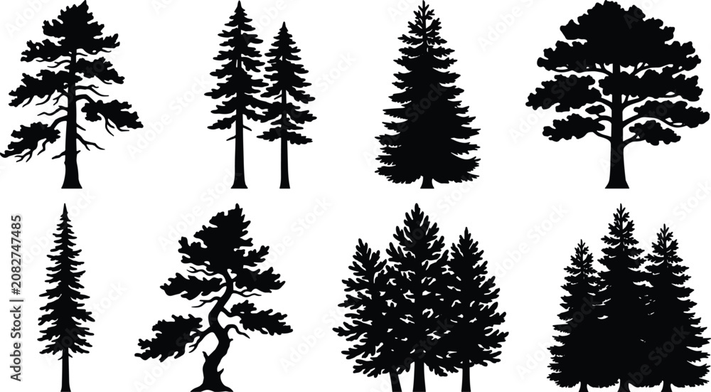 Obraz premium Black Silhouette Vector Set of Diverse Tree Shapes for Botanical and Design Projects