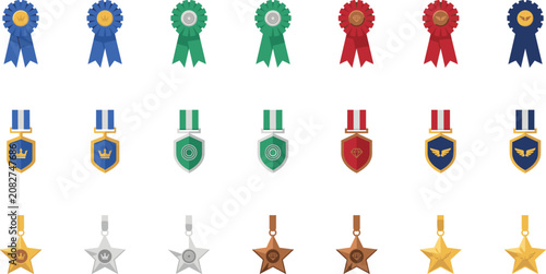 Tableau sur toile Award medal and prize rosette ribbon badges flat vector icons set for competitio