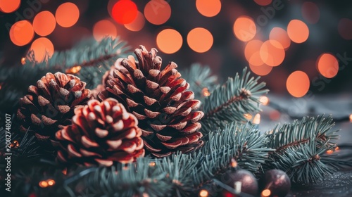 Festive Pinecones Adorned with Evergreen Branches and Warm Bokeh Lights, Evoking Christmas Eve Ambiance